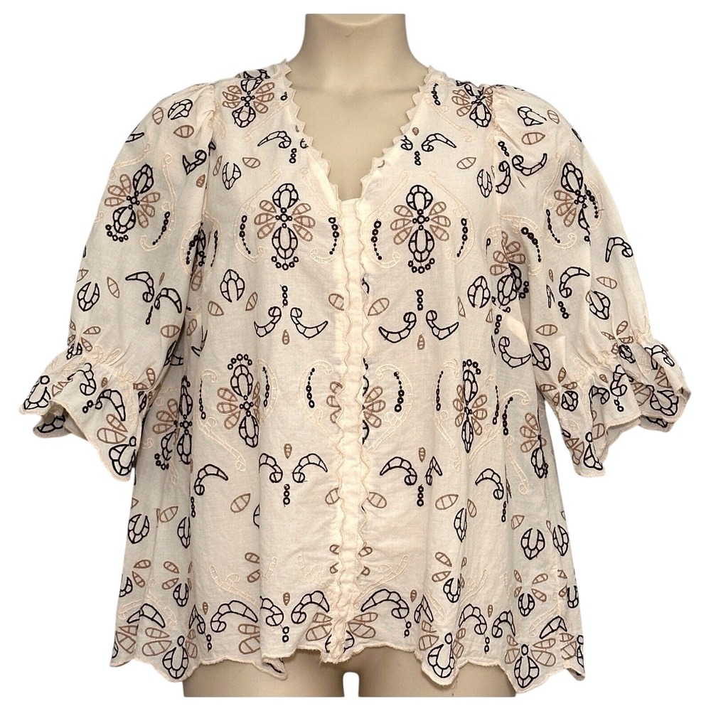 Cato Womens Top Plus 18W Cream Embroidered Gauzy Boho Hippie Peasant Beachy